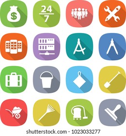 flat vector icon set - money bag vector, 24 7, team, pencil wrench, server, draw compass, drawing compasses, suitcase, bucket, rag, shovel, wheelbarrow, rake, vacuum cleaner, scraper