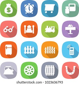 flat vector icon set - money bag vector, alarm clock, delivery, scales weight, pacemaker, minaret, train, restaurant, fridge, fence, mobile phone, kettle, wheel, barrel, horseshoe