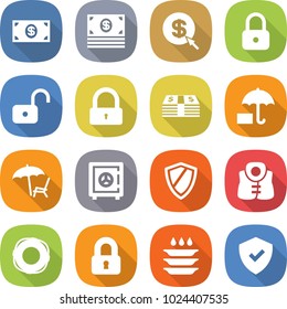 flat vector icon set - money vector, dollar arrow, lock, unlock, insurance, lounger, safe, shield, life vest, lifebuoy, locked, plate washing