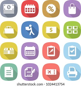 flat vector icon set - money vector, calendar, percent, shopping bag, courier, receipt, panel house, clipboard pen, check, document, inventory, ticket, printer