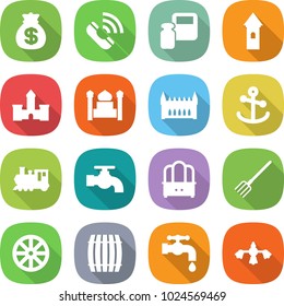 flat vector icon set - money bag vector, call, scales weight, tower, castle, minaret, gothic architecture, anchor, train, water tap, dresser, fork, wheel, barrel, hard reach place cleaning