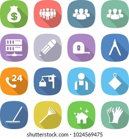 flat vector icon set - money bag vector, team, group, server, pencil, measuring tape, drawing compasses, phone 24, loading, workman, rag, rake, house cleaning, gloves