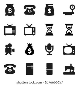 Flat vector icon set - money bag vector, sand clock, phone, big scales, tv, video camera, microphone, classic, fridge, sewing machine