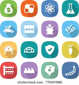flat vector icon set - money bag vector, atom core, flask, eco car, market, flower, crutch, barn, greenhouse, protected, carrot, watering, seedling, garden, peas