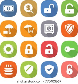 flat vector icon set - money vector, dollar arrow, unlock, insurance, lounger, safe, shield, lifebuoy, locked, unlocked, key, plate washing