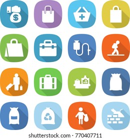 flat vector icon set - money gift vector, shopping bag, add to basket, doctor, dropper, tourist, passenger, suitcase, baggage checking, flour, garbage, trash, construct