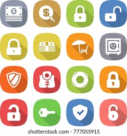flat vector icon set - money vector, dollar arrow, lock, unlock, lounger, safe, shield, life vest, lifebuoy, locked, unlocked, key