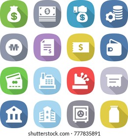 flat vector icon set - money bag vector, gift, virtual mining, crypto currency, account balance, receipt, wallet, credit card, cashbox, atm, library, building, safe, bank