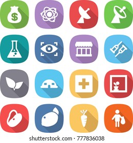 flat vector icon set - money bag vector, atom, satellite antenna, flask, eye identity, market, crutch, leafs, dome house, first aid, flower in window, beans, lemon, carrot, trash
