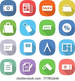 flat vector icon set - money vector, newspaper, sale, shopping bag, label, percent, atm receipt, copybook, drawing compasses, plan, document, inventory, ticket
