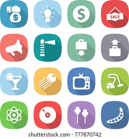 flat vector icon set - money gift vector, bulb, dollar coin, sale, megafon, lighthouse, baggage get, cocktail, jellyfish, tv, vacuum cleaner, atom, cd, trees, peas