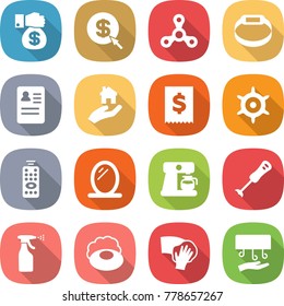 flat vector icon set - money gift vector, dollar arrow, spinner, smart bracelet, anamnesis, real estate, tax, handwheel, remote control, mirror, coffee maker, blender, sprayer, soap, wiping