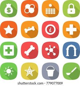 flat vector icon set - money bag vector, atom core, sun power, lock, star, bone, info, medical cross, virus, arch, starfish, bucket, ladle