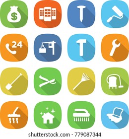 flat vector icon set - money bag vector, server, nail, repair, phone 24, loading, hammer, wrench, shovel, pruner, rake, vacuum cleaner, house cleaning, brush, floor washing