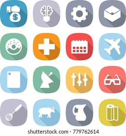 flat vector icon set - money gift vector, bulb brain, gear, box, donut, medical cross, calendar, airplane, cutting board, satellite antenna, setup, 3d glasses, whisk, sheep, jug, paper towel
