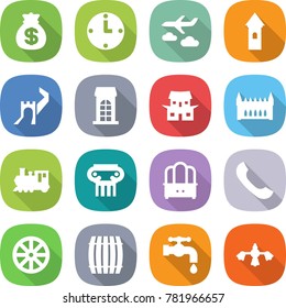 flat vector icon set - money bag vector, clock, journey, tower, greate wall, building, japanese house, gothic architecture, train, antique column, dresser, phone, wheel, barrel, water tap