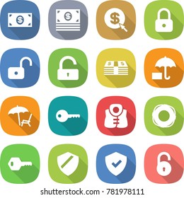 flat vector icon set - money vector, dollar arrow, lock, unlock, insurance, lounger, key, life vest, lifebuoy, shield