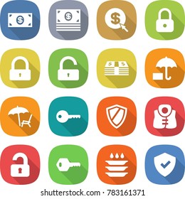 flat vector icon set - money vector, dollar arrow, lock, unlock, insurance, lounger, key, shield, life vest, unlocked, plate washing