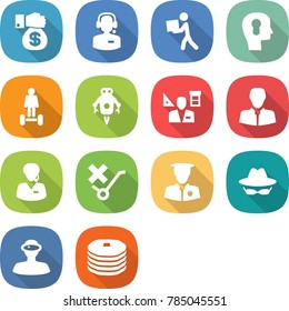 flat vector icon set - money gift vector, call center, courier, bulb head, hoverboard, jet robot, architector, client, support manager, do not trolley sign, security man, confidential, vr helmet