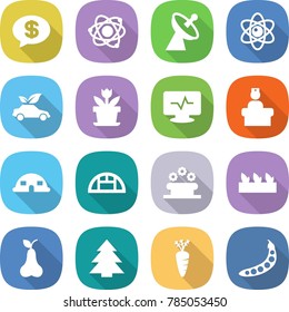 flat vector icon set - money message vector, atom, satellite antenna, eco car, flower, monitor pulse, hospital recieption, dome house, greenhouse, bed, seedling, pear, spruce, carrot, peas