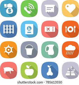 flat vector icon set - money gift vector, call, atm receipt, heart, pallet, passport, ticket, cafe, handwheel, bucket, jug, rain cloud, pig, apple, pear, clean floor