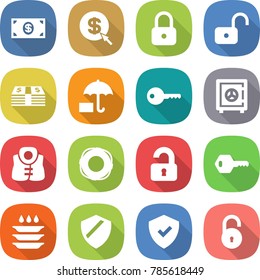 flat vector icon set - money vector, dollar arrow, lock, unlock, insurance, key, safe, life vest, lifebuoy, unlocked, plate washing, shield