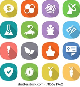 flat vector icon set - money message vector, atom core, satellite antenna, flask, electric car, flower, crutch, sperm, leafs, hospital recieption, location details, protected, solar power, carrot