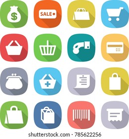 flat vector icon set - money bag vector, sale, shopping, cart, basket, hand coin, credit card, purse, add to, list, bar code, atm receipt