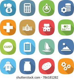 flat vector icon set - money gift vector, calculator, rocket, virtual mining, medical cross, hospital, japanese house, credit card, customs, clipboard, windsurfing, landscape, robot, flour, potato