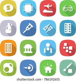 flat vector icon set - money message vector, chip, weather management, smart glasses, cleanser, crutch, pills blister, goverment house, workman, blocks, atom core, photon, cleaning, toilet brush