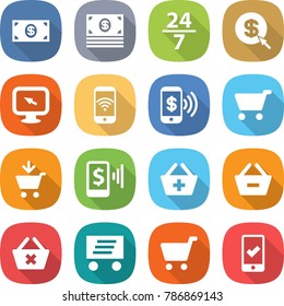 flat vector icon set - money vector, 24 7, dollar arrow, monitor, phone wireless, pay, cart, add to, mobile, basket, remove from, delete, delivery, checking