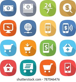 flat vector icon set - money vector, 24 7, dollar arrow, monitor, globe connect, phone wireless, pay, cart, add to, mobile, basket, delete, delivery, checking