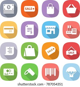 flat vector icon set - money vector, sale, shopping bag, basket, credit card, account balance, shop, store, list, label, bar code, parachute delivery