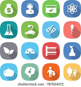 flat vector icon set - money bag vector, call center, calendar, atom, flask, electric car, crutch, sperm, leafs, dome house, watering, pear, tomato, garden, trash, cleaning