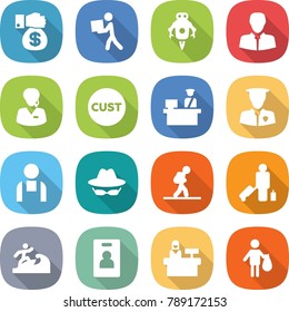 flat vector icon set - money gift vector, courier, jet robot, client, support manager, customs, control, security man, workman, confidential, tourist, passenger, surfer, identity card, reception