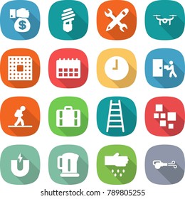 flat vector icon set - money gift vector, bulb, pencil wrench, drone, cpu, calendar, clock, courier delivery, tourist, suitcase, ladder, blocks, magnet, kettle, sow, blower