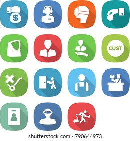 flat vector icon set - money gift vector, call center, virtual mask, hand coin, broken, client, customs, do not trolley sign, courier delivery, workman, inspector, identity card, vr helmet
