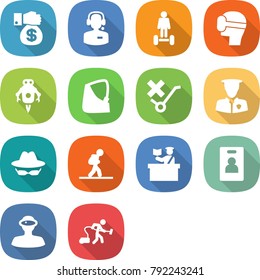 flat vector icon set - money gift vector, call center, hoverboard, virtual mask, jet robot, broken hand, do not trolley sign, security man, confidential, tourist, inspector, identity card, vr helmet