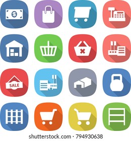 flat vector icon set - money vector, shopping bag, delivery, cashbox, warehouse, basket, delete cart, store, sale, mall, heavy, pallet, rack
