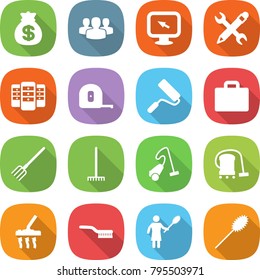 flat vector icon set - money bag vector, group, monitor arrow, pencil wrench, server, measuring tape, repair, suitcase, fork, rake, vacuum cleaner, brush, woman with duster