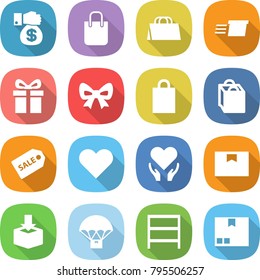 flat vector icon set - money gift vector, shopping bag, delivery, bow, sale label, heart, health care, package box, parachute, rack