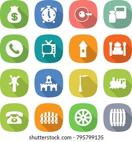 flat vector icon set - money bag vector, alarm clock, cell corection, scales weight, phone, tv, tower, minaret, windmill, fort, outdoor light, train, fence, wheel, barrel