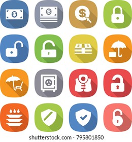 flat vector icon set - money vector, dollar arrow, lock, unlock, insurance, lounger, safe, life vest, unlocked, plate washing, shield
