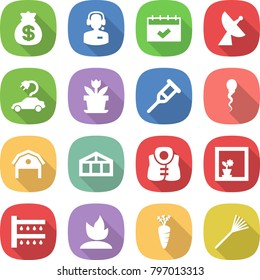 flat vector icon set - money bag vector, call center, calendar, satellite antenna, electric car, flower, crutch, sperm, barn, greenhouse, life vest, in window, watering, sprouting, carrot, rake