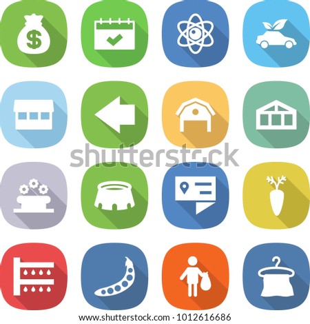 flat vector icon set - money bag vector, calendar, atom, eco car, market, left arrow, barn, greenhouse, flower bed, stadium, location details, carrot, watering, peas, trash, hanger