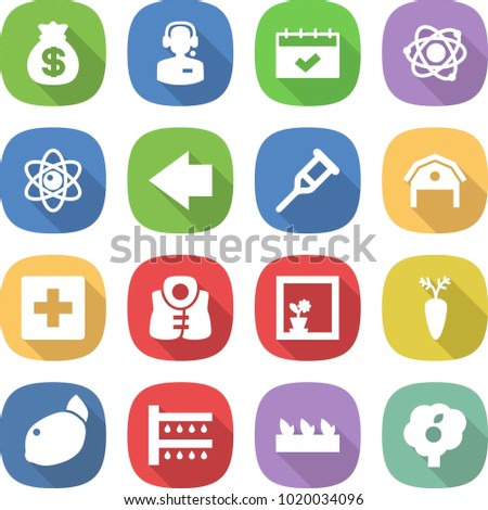 flat vector icon set - money bag vector, call center, calendar, atom, left arrow, crutch, barn, first aid, life vest, flower in window, carrot, lemon, watering, seedling, garden