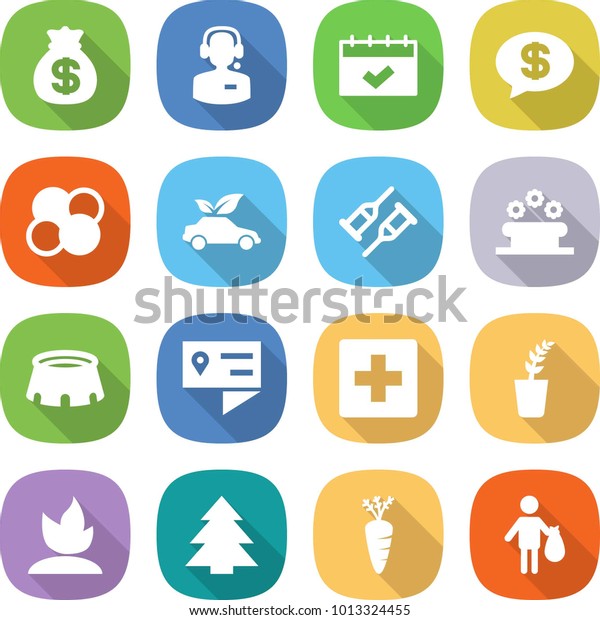 flat vector icon set - money bag vector, call\
center, calendar, message, atom core, eco car, crutch, flower bed,\
stadium, location details, first aid, seedling, sprouting, spruce,\
carrot, trash