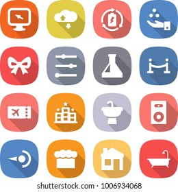 flat vector icon set - monitor arrow vector, cloud service, battery charge, chemical industry, bow, equalizer, flask, vip fence, ticket, hotel, sink, speaker, photon, chief hat, house, bath