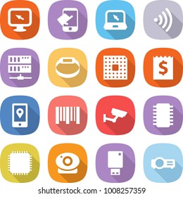 flat vector icon set - monitor arrow vector, touch, notebook, wireless, server, smart bracelet, cpu, receipt, mobile location, bar code, surveillance, chip, web camera, usb flash, projector