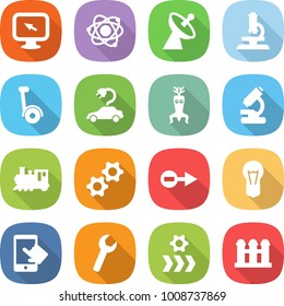 flat vector icon set - monitor arrow vector, atom, satellite antenna, microscope, gyroscooter, electric car, dna modify, train, gears, electron, bulb, touchscreen, wrench, conveyor, grain elevator